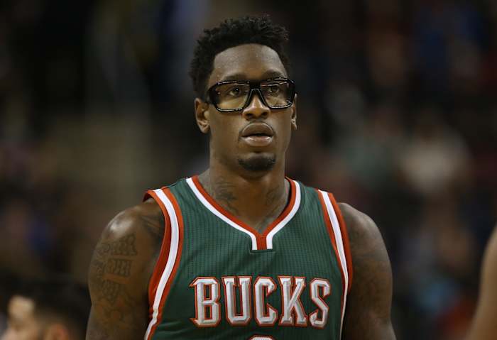 Milwaukee Bucks center Larry Sanders (8) looks on against the Toronto Raptors